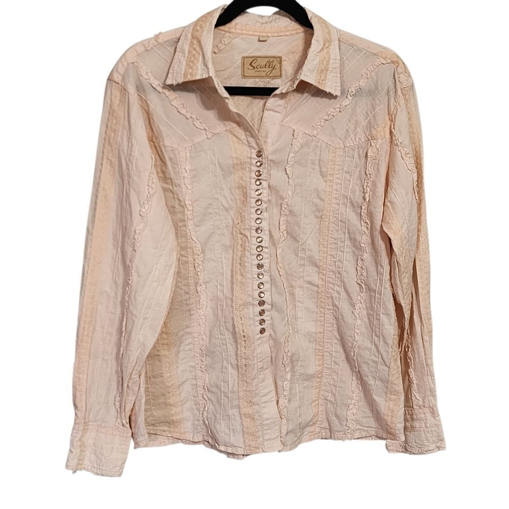 Scully Peach Ruffle Lace Pearl Snap Top XL Western Boho Cowgirl Romantic